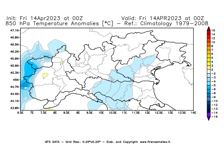 GFS analysi map - Temperature Anomalies [°C] at 850 hPa in Northern Italy
									on 14/04/2023 00 <!--googleoff: index-->UTC<!--googleon: index-->