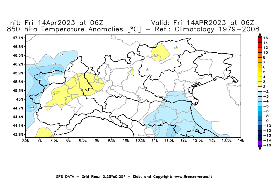 GFS analysi map - Temperature Anomalies [°C] at 850 hPa in Northern Italy
									on 14/04/2023 06 <!--googleoff: index-->UTC<!--googleon: index-->