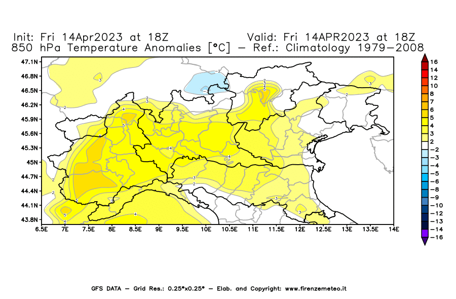 GFS analysi map - Temperature Anomalies [°C] at 850 hPa in Northern Italy
									on 14/04/2023 18 <!--googleoff: index-->UTC<!--googleon: index-->