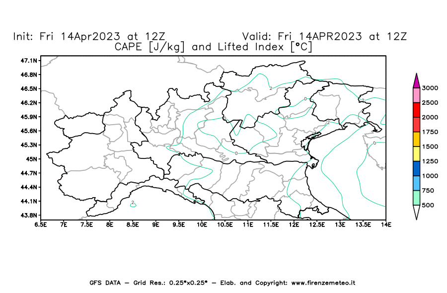 GFS analysi map - CAPE [J/kg] and Lifted Index [°C] in Northern Italy
									on 14/04/2023 12 <!--googleoff: index-->UTC<!--googleon: index-->