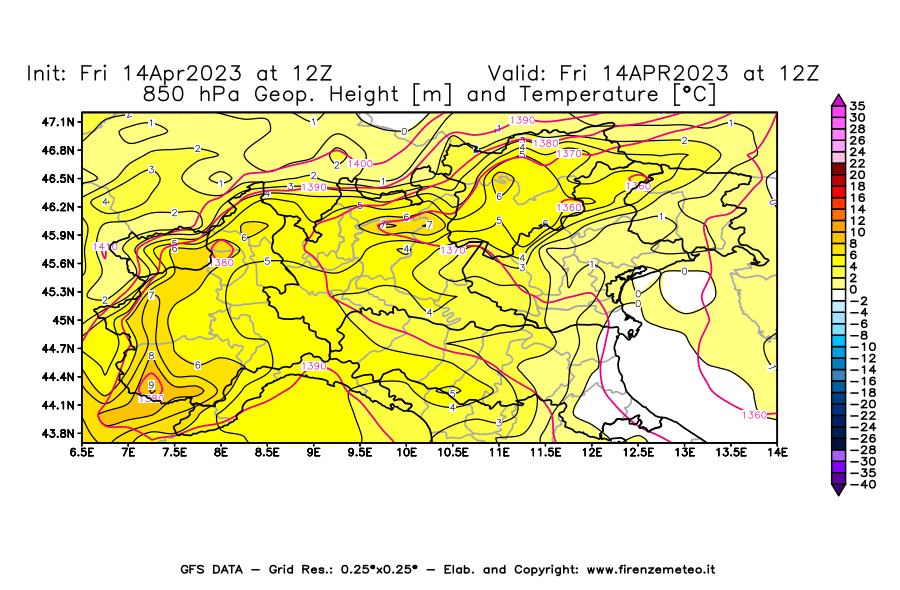 GFS analysi map - Geopotential [m] and Temperature [°C] at 850 hPa in Northern Italy
									on 14/04/2023 12 <!--googleoff: index-->UTC<!--googleon: index-->