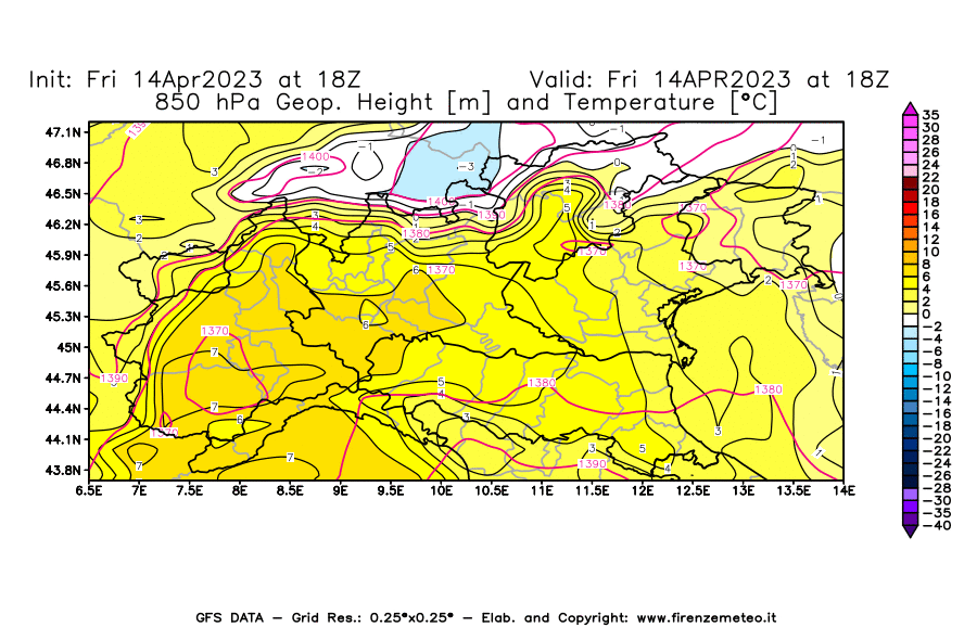 GFS analysi map - Geopotential [m] and Temperature [°C] at 850 hPa in Northern Italy
									on 14/04/2023 18 <!--googleoff: index-->UTC<!--googleon: index-->