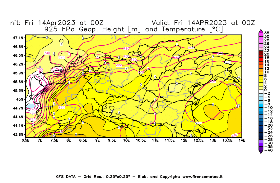 GFS analysi map - Geopotential [m] and Temperature [°C] at 925 hPa in Northern Italy
									on 14/04/2023 00 <!--googleoff: index-->UTC<!--googleon: index-->