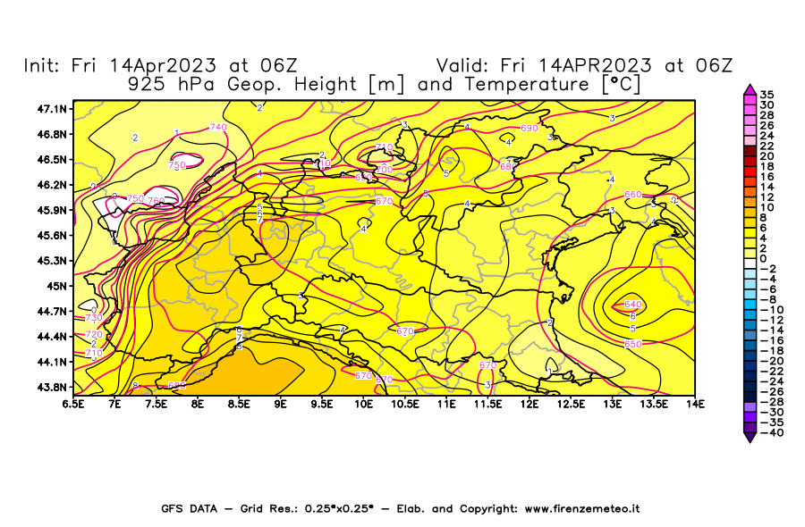 GFS analysi map - Geopotential [m] and Temperature [°C] at 925 hPa in Northern Italy
									on 14/04/2023 06 <!--googleoff: index-->UTC<!--googleon: index-->