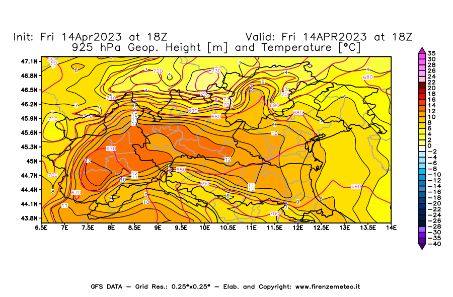 GFS analysi map - Geopotential [m] and Temperature [°C] at 925 hPa in Northern Italy
									on 14/04/2023 18 <!--googleoff: index-->UTC<!--googleon: index-->