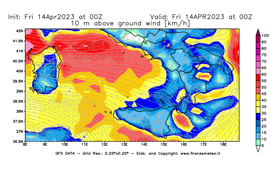 GFS analysi map - Wind Speed at 10 m above ground [km/h] in Southern Italy
									on 14/04/2023 00 <!--googleoff: index-->UTC<!--googleon: index-->