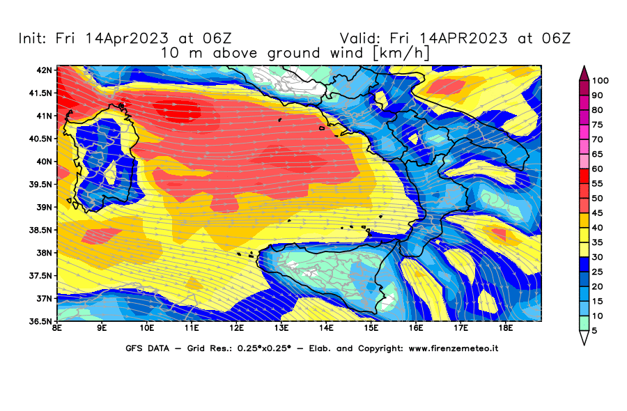 GFS analysi map - Wind Speed at 10 m above ground [km/h] in Southern Italy
									on 14/04/2023 06 <!--googleoff: index-->UTC<!--googleon: index-->