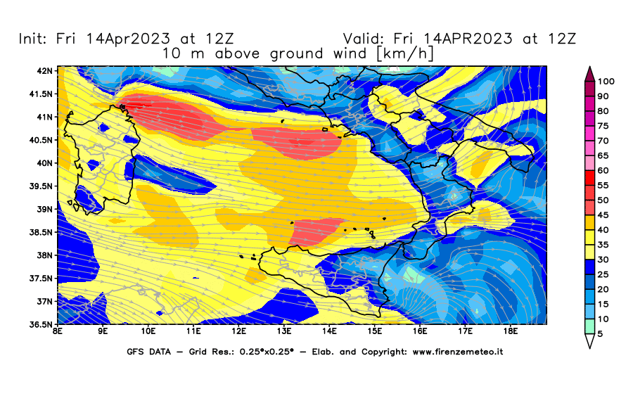 GFS analysi map - Wind Speed at 10 m above ground [km/h] in Southern Italy
									on 14/04/2023 12 <!--googleoff: index-->UTC<!--googleon: index-->