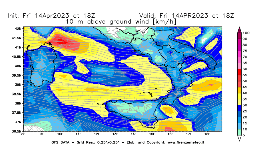 GFS analysi map - Wind Speed at 10 m above ground [km/h] in Southern Italy
									on 14/04/2023 18 <!--googleoff: index-->UTC<!--googleon: index-->
