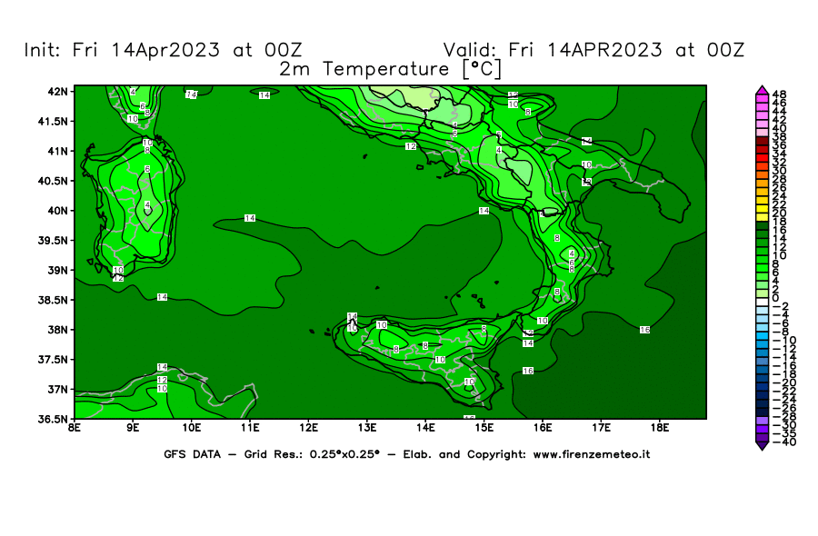 GFS analysi map - Temperature at 2 m above ground [°C] in Southern Italy
									on 14/04/2023 00 <!--googleoff: index-->UTC<!--googleon: index-->