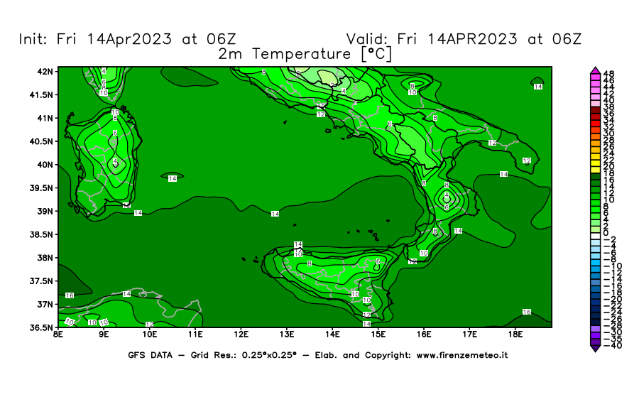 GFS analysi map - Temperature at 2 m above ground [°C] in Southern Italy
									on 14/04/2023 06 <!--googleoff: index-->UTC<!--googleon: index-->