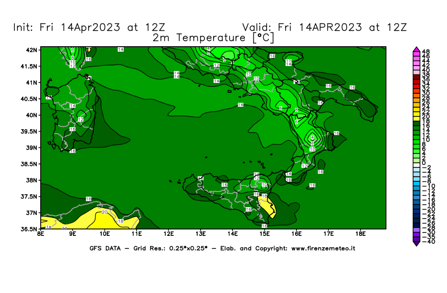 GFS analysi map - Temperature at 2 m above ground [°C] in Southern Italy
									on 14/04/2023 12 <!--googleoff: index-->UTC<!--googleon: index-->