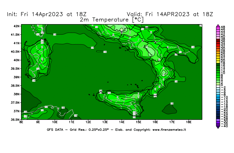 GFS analysi map - Temperature at 2 m above ground [°C] in Southern Italy
									on 14/04/2023 18 <!--googleoff: index-->UTC<!--googleon: index-->