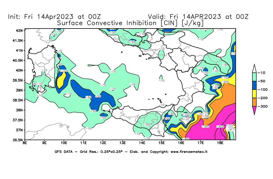 GFS analysi map - CIN [J/kg] in Southern Italy
									on 14/04/2023 00 <!--googleoff: index-->UTC<!--googleon: index-->