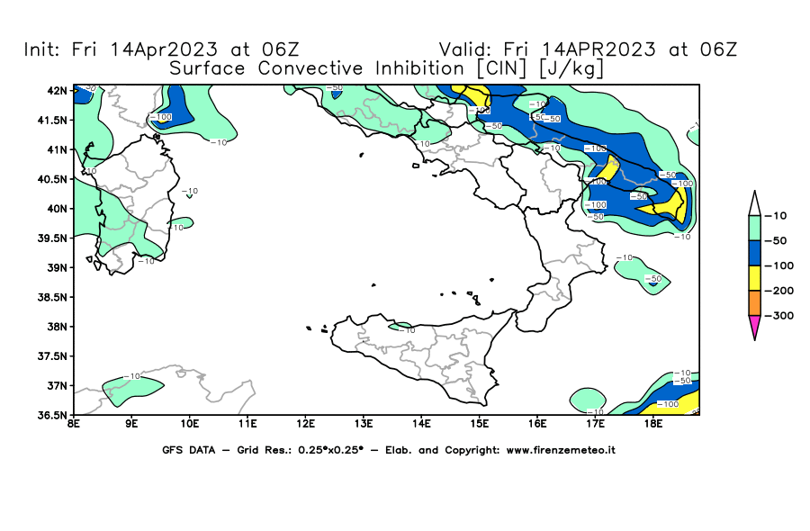 GFS analysi map - CIN [J/kg] in Southern Italy
									on 14/04/2023 06 <!--googleoff: index-->UTC<!--googleon: index-->