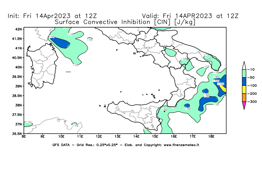 GFS analysi map - CIN [J/kg] in Southern Italy
									on 14/04/2023 12 <!--googleoff: index-->UTC<!--googleon: index-->