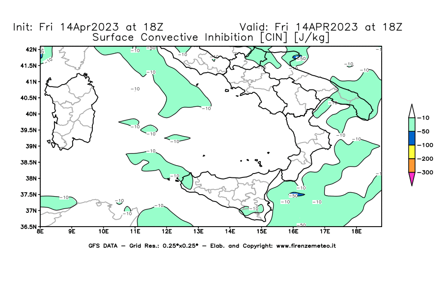 GFS analysi map - CIN [J/kg] in Southern Italy
									on 14/04/2023 18 <!--googleoff: index-->UTC<!--googleon: index-->