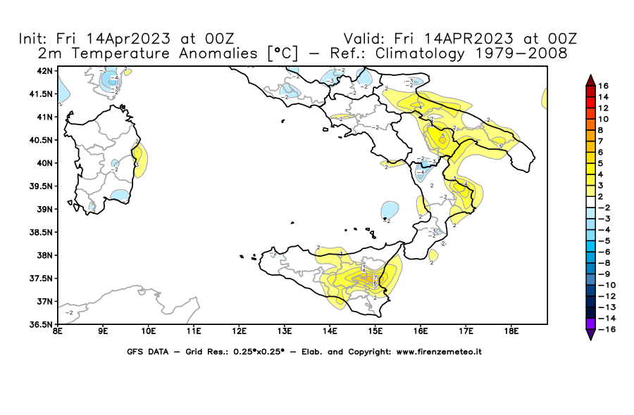 GFS analysi map - Temperature Anomalies [°C] at 2 m in Southern Italy
									on 14/04/2023 00 <!--googleoff: index-->UTC<!--googleon: index-->