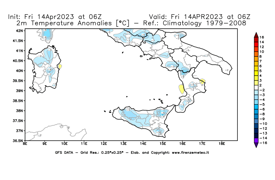 GFS analysi map - Temperature Anomalies [°C] at 2 m in Southern Italy
									on 14/04/2023 06 <!--googleoff: index-->UTC<!--googleon: index-->