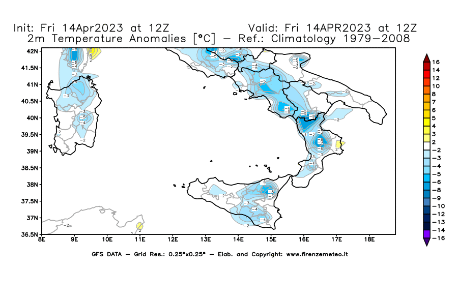 GFS analysi map - Temperature Anomalies [°C] at 2 m in Southern Italy
									on 14/04/2023 12 <!--googleoff: index-->UTC<!--googleon: index-->