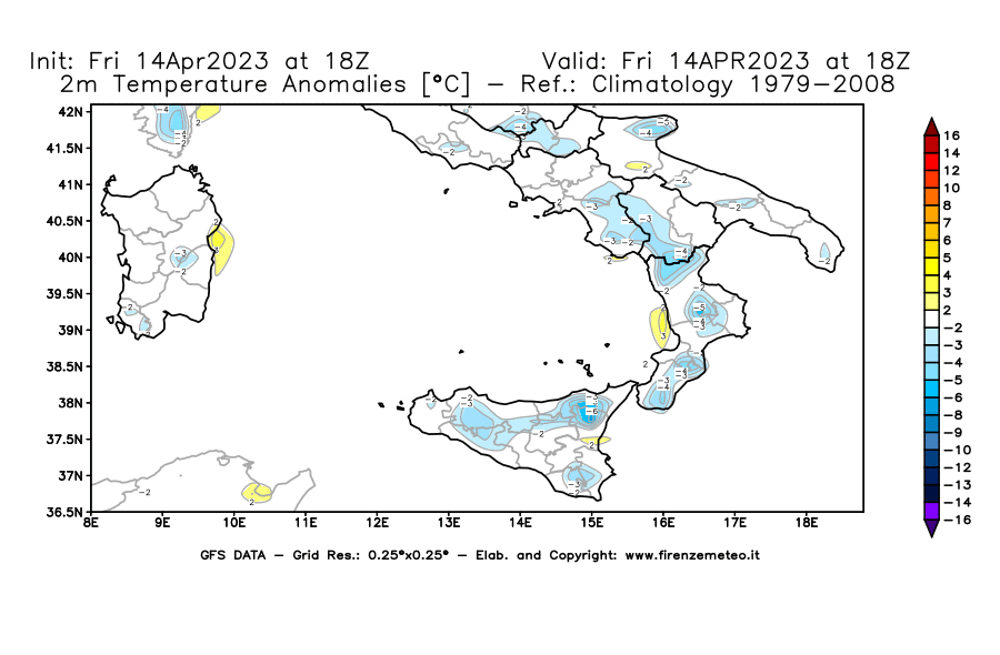 GFS analysi map - Temperature Anomalies [°C] at 2 m in Southern Italy
									on 14/04/2023 18 <!--googleoff: index-->UTC<!--googleon: index-->