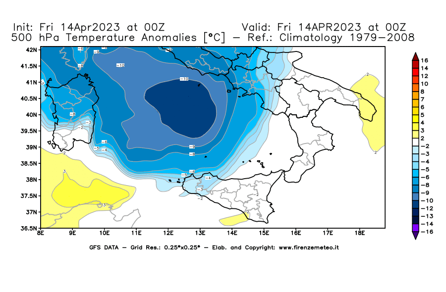 GFS analysi map - Temperature Anomalies [°C] at 500 hPa in Southern Italy
									on 14/04/2023 00 <!--googleoff: index-->UTC<!--googleon: index-->