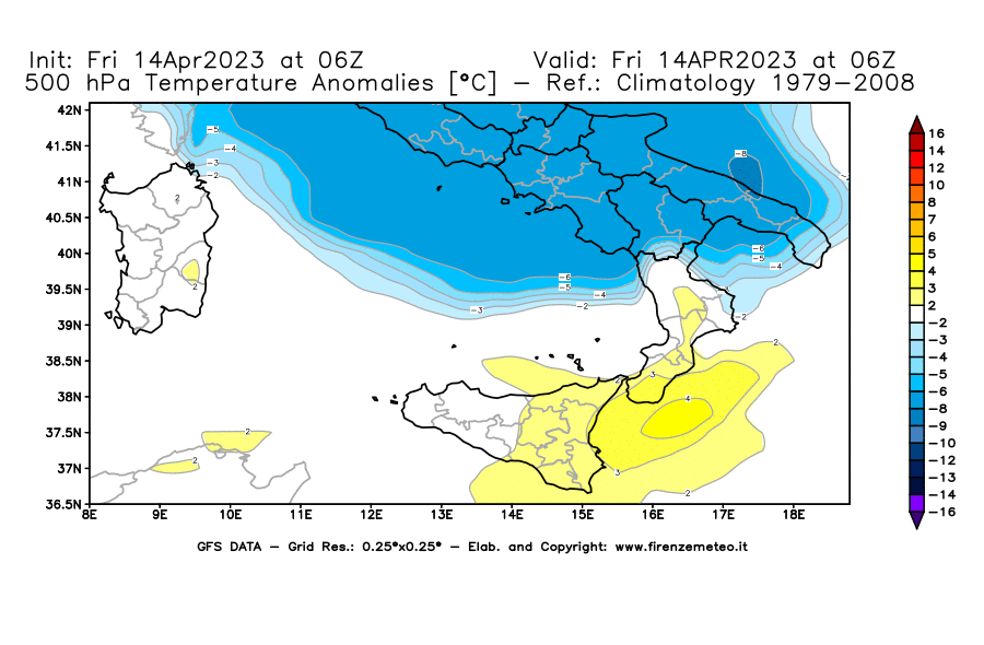 GFS analysi map - Temperature Anomalies [°C] at 500 hPa in Southern Italy
									on 14/04/2023 06 <!--googleoff: index-->UTC<!--googleon: index-->
