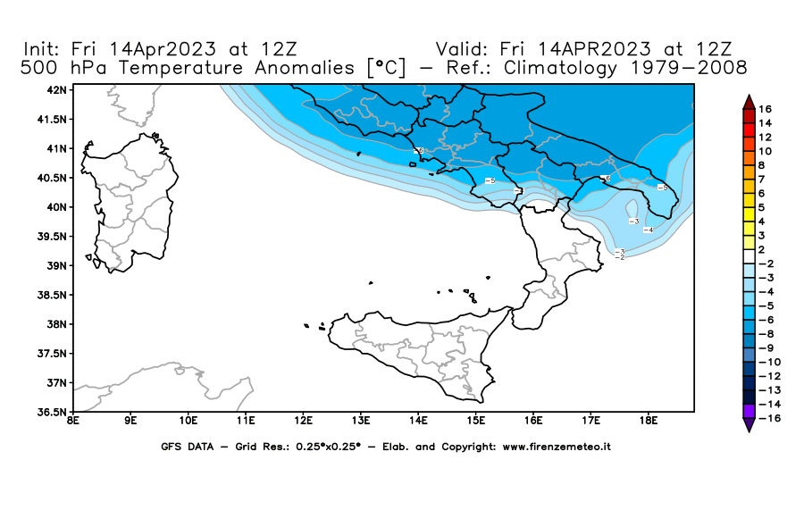 GFS analysi map - Temperature Anomalies [°C] at 500 hPa in Southern Italy
									on 14/04/2023 12 <!--googleoff: index-->UTC<!--googleon: index-->