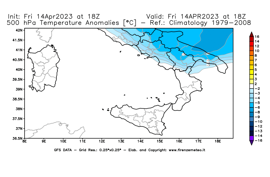 GFS analysi map - Temperature Anomalies [°C] at 500 hPa in Southern Italy
									on 14/04/2023 18 <!--googleoff: index-->UTC<!--googleon: index-->