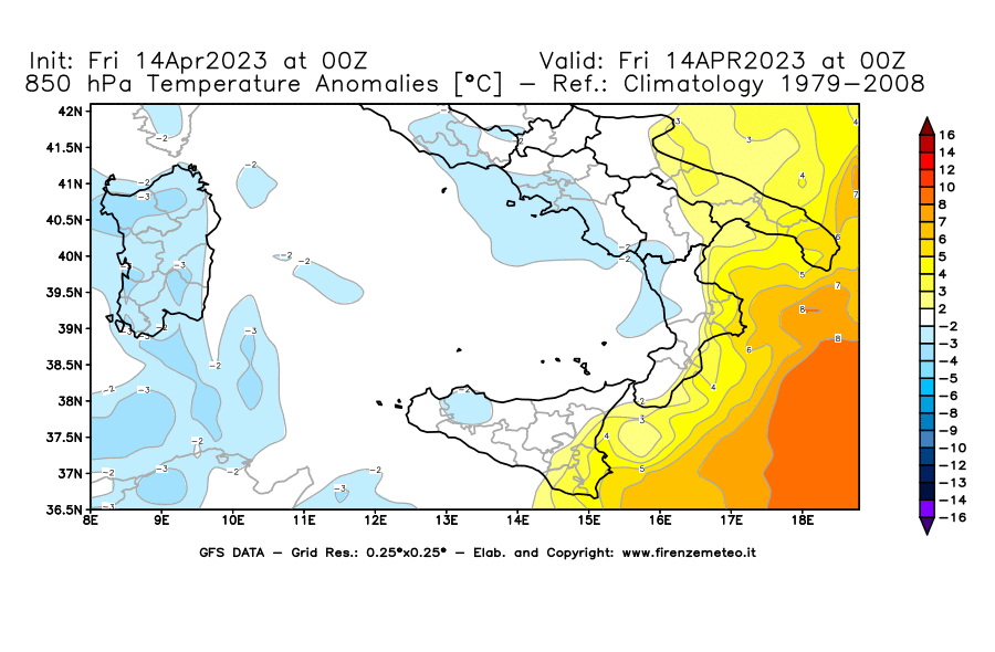 GFS analysi map - Temperature Anomalies [°C] at 850 hPa in Southern Italy
									on 14/04/2023 00 <!--googleoff: index-->UTC<!--googleon: index-->