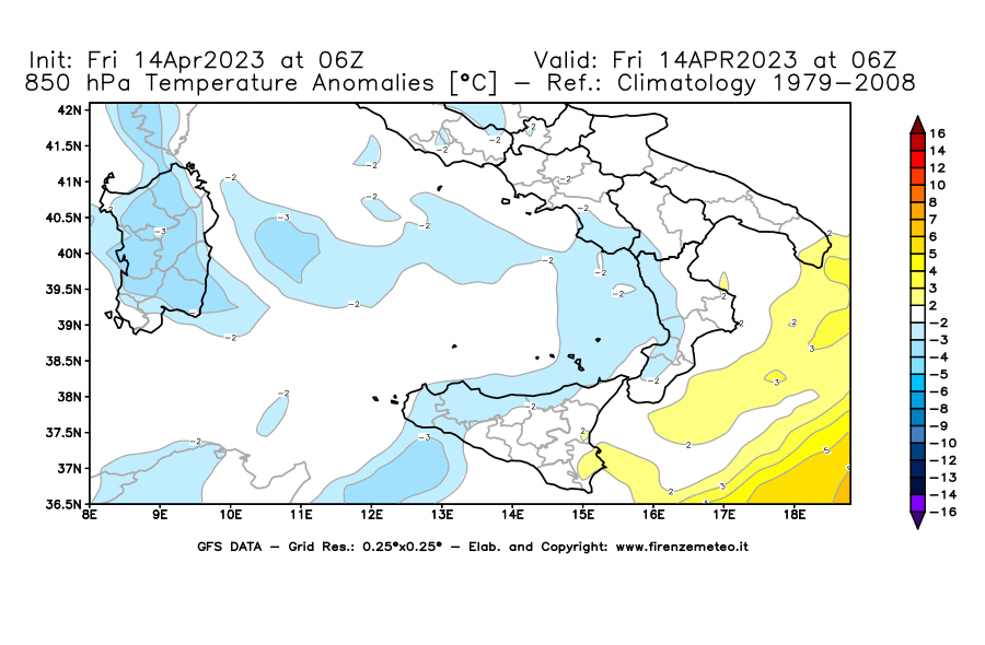GFS analysi map - Temperature Anomalies [°C] at 850 hPa in Southern Italy
									on 14/04/2023 06 <!--googleoff: index-->UTC<!--googleon: index-->