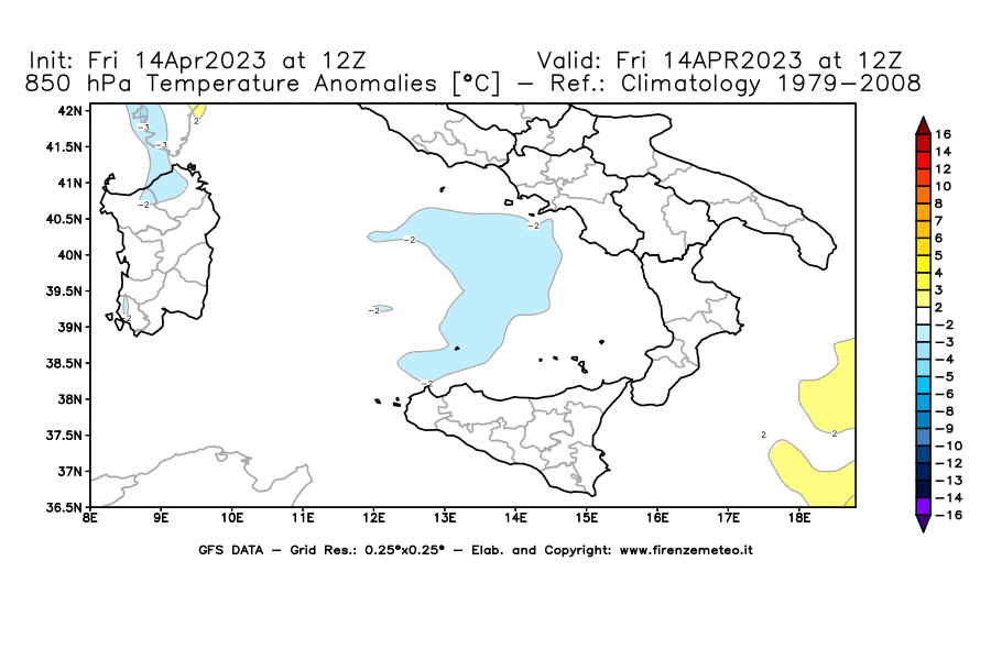 GFS analysi map - Temperature Anomalies [°C] at 850 hPa in Southern Italy
									on 14/04/2023 12 <!--googleoff: index-->UTC<!--googleon: index-->