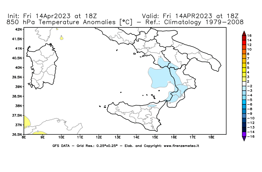 GFS analysi map - Temperature Anomalies [°C] at 850 hPa in Southern Italy
									on 14/04/2023 18 <!--googleoff: index-->UTC<!--googleon: index-->