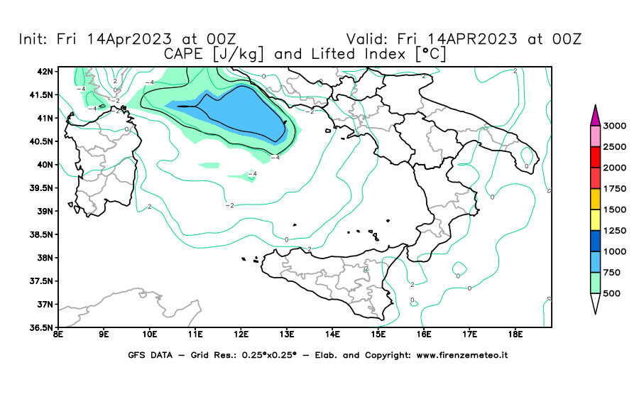 GFS analysi map - CAPE [J/kg] and Lifted Index [°C] in Southern Italy
									on 14/04/2023 00 <!--googleoff: index-->UTC<!--googleon: index-->