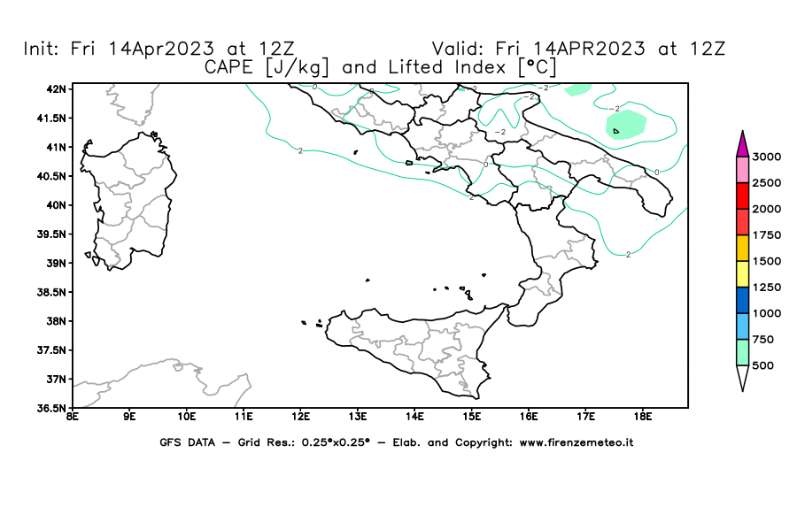 GFS analysi map - CAPE [J/kg] and Lifted Index [°C] in Southern Italy
									on 14/04/2023 12 <!--googleoff: index-->UTC<!--googleon: index-->