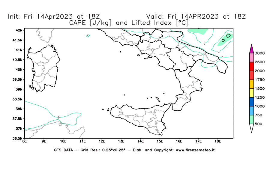 GFS analysi map - CAPE [J/kg] and Lifted Index [°C] in Southern Italy
									on 14/04/2023 18 <!--googleoff: index-->UTC<!--googleon: index-->