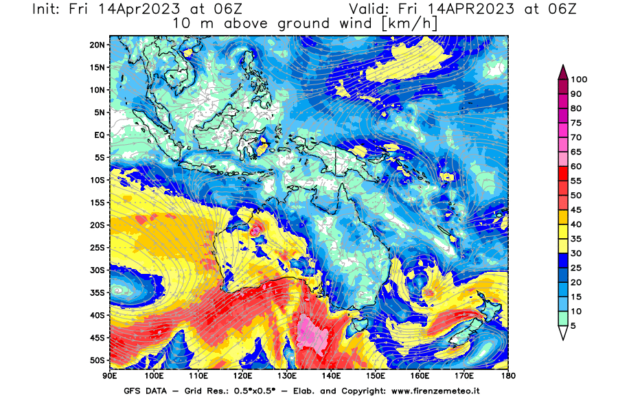GFS analysi map - Wind Speed at 10 m above ground [km/h] in Oceania
									on 14/04/2023 06 <!--googleoff: index-->UTC<!--googleon: index-->