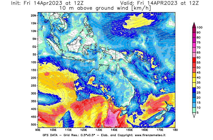 GFS analysi map - Wind Speed at 10 m above ground [km/h] in Oceania
									on 14/04/2023 12 <!--googleoff: index-->UTC<!--googleon: index-->