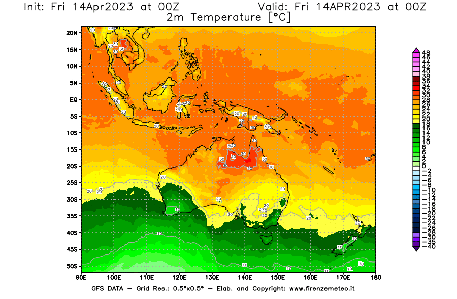 GFS analysi map - Temperature at 2 m above ground [°C] in Oceania
									on 14/04/2023 00 <!--googleoff: index-->UTC<!--googleon: index-->
