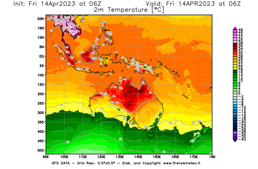 GFS analysi map - Temperature at 2 m above ground [°C] in Oceania
									on 14/04/2023 06 <!--googleoff: index-->UTC<!--googleon: index-->