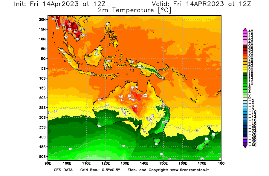 GFS analysi map - Temperature at 2 m above ground [°C] in Oceania
									on 14/04/2023 12 <!--googleoff: index-->UTC<!--googleon: index-->