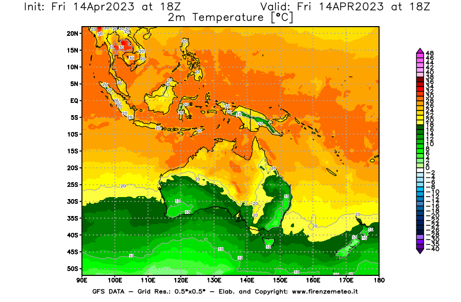 GFS analysi map - Temperature at 2 m above ground [°C] in Oceania
									on 14/04/2023 18 <!--googleoff: index-->UTC<!--googleon: index-->
