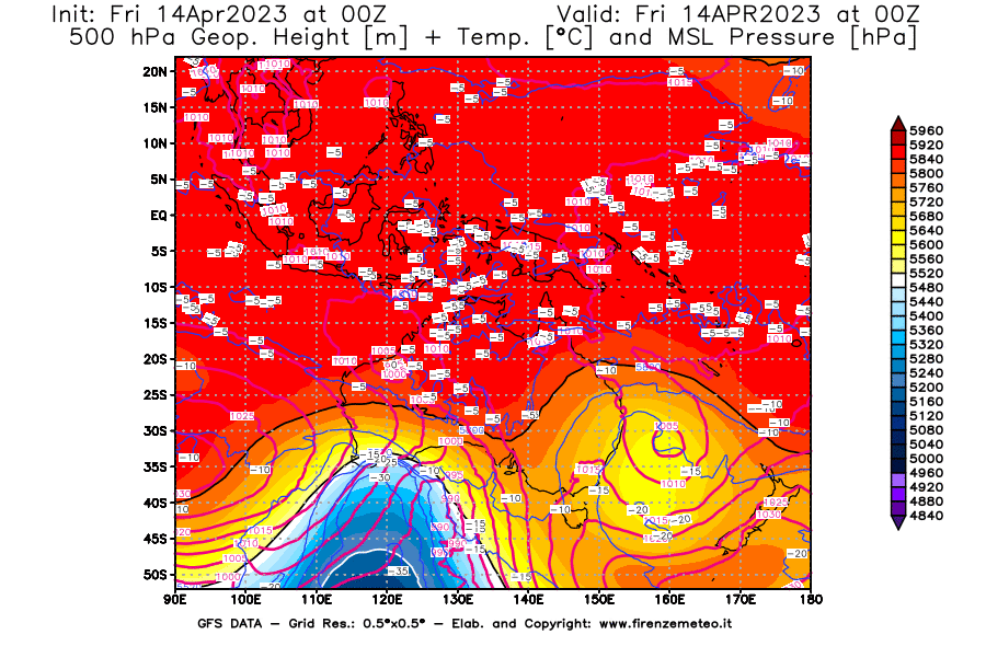 GFS analysi map - Geopotential [m] + Temp. [°C] at 500 hPa + Sea Level Pressure [hPa] in Oceania
									on 14/04/2023 00 <!--googleoff: index-->UTC<!--googleon: index-->
