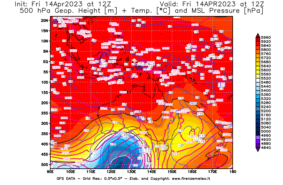 GFS analysi map - Geopotential [m] + Temp. [°C] at 500 hPa + Sea Level Pressure [hPa] in Oceania
									on 14/04/2023 12 <!--googleoff: index-->UTC<!--googleon: index-->