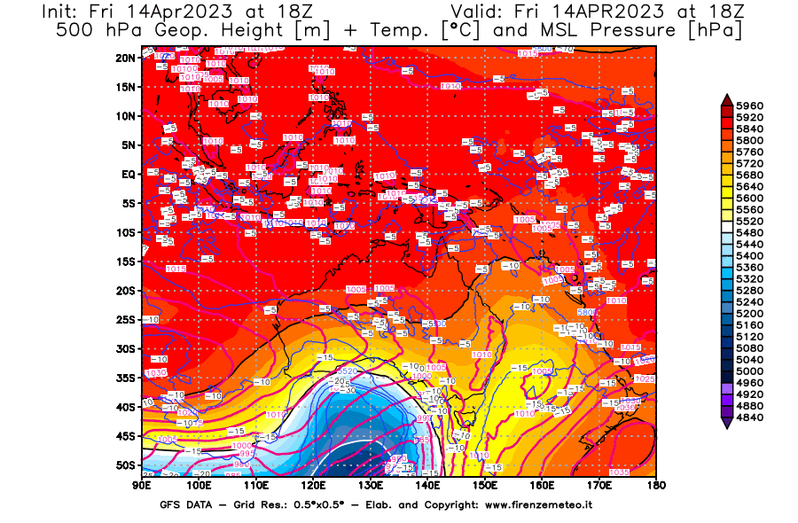 GFS analysi map - Geopotential [m] + Temp. [°C] at 500 hPa + Sea Level Pressure [hPa] in Oceania
									on 14/04/2023 18 <!--googleoff: index-->UTC<!--googleon: index-->