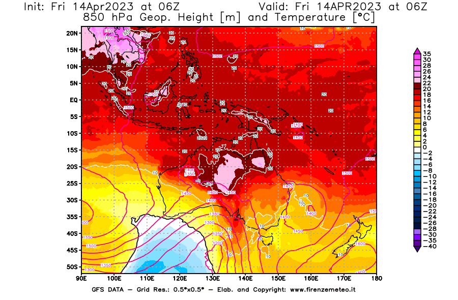 GFS analysi map - Geopotential [m] and Temperature [°C] at 850 hPa in Oceania
									on 14/04/2023 06 <!--googleoff: index-->UTC<!--googleon: index-->