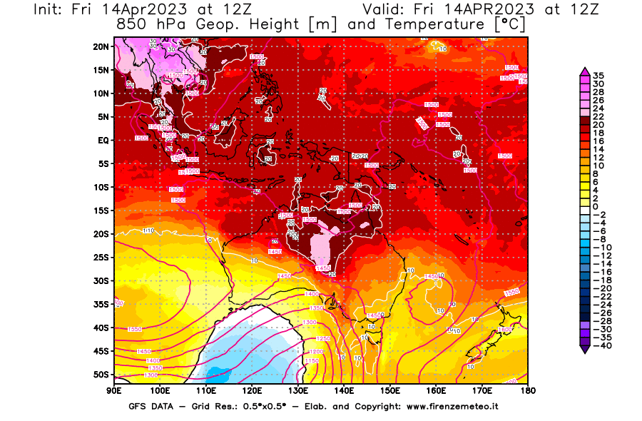 GFS analysi map - Geopotential [m] and Temperature [°C] at 850 hPa in Oceania
									on 14/04/2023 12 <!--googleoff: index-->UTC<!--googleon: index-->