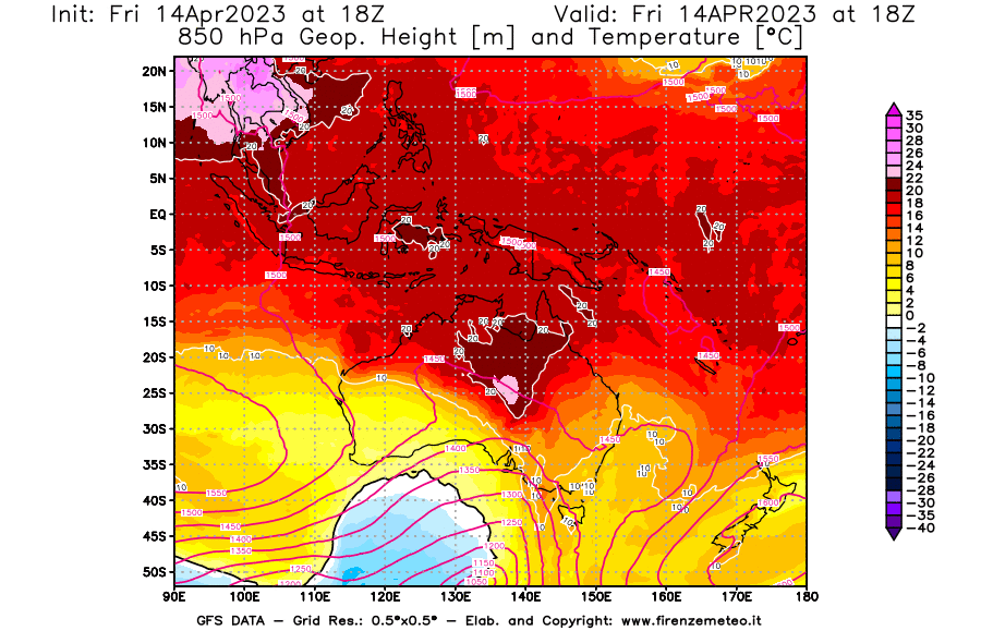 GFS analysi map - Geopotential [m] and Temperature [°C] at 850 hPa in Oceania
									on 14/04/2023 18 <!--googleoff: index-->UTC<!--googleon: index-->