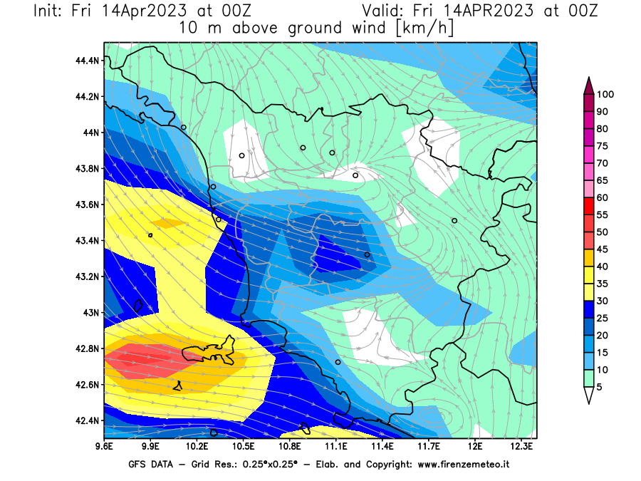 GFS analysi map - Wind Speed at 10 m above ground [km/h] in Tuscany
									on 14/04/2023 00 <!--googleoff: index-->UTC<!--googleon: index-->