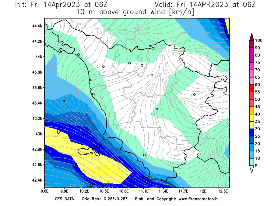 GFS analysi map - Wind Speed at 10 m above ground [km/h] in Tuscany
									on 14/04/2023 06 <!--googleoff: index-->UTC<!--googleon: index-->